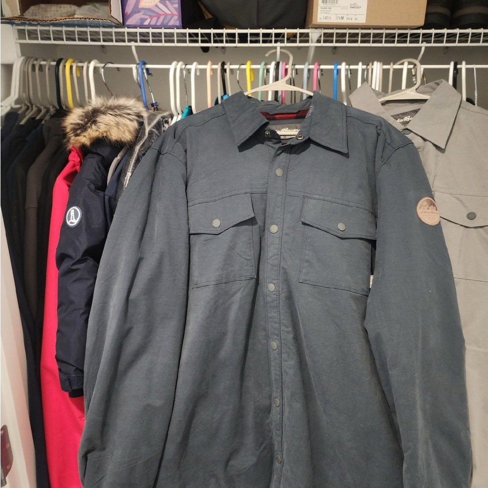 Eddie Bauer Shirt Jacket Mens XL Plaid Fleece Lined Snap Button Gray Insulated